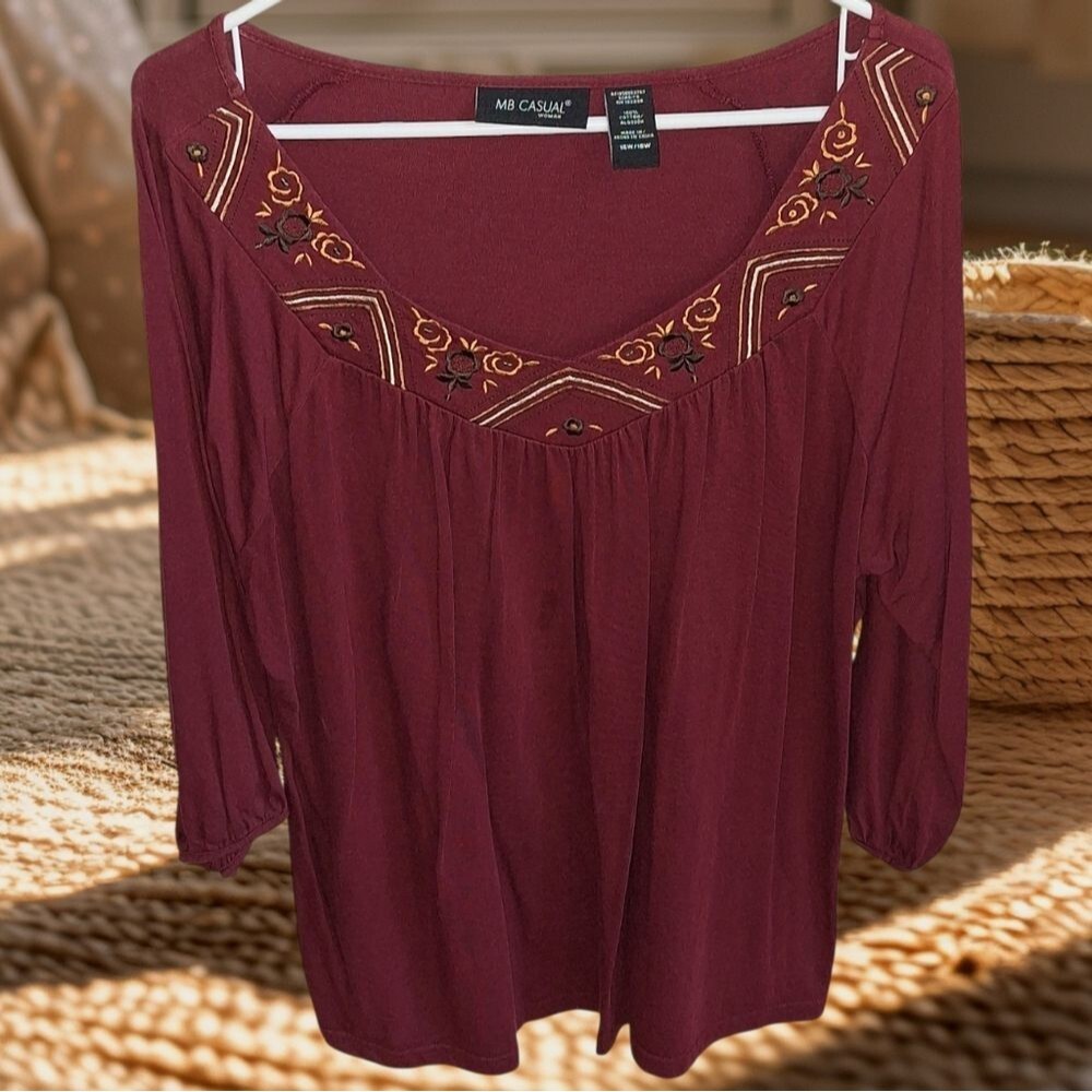 Burgundy Embroidered 3/4 Sleeve Top Size 16W/18W